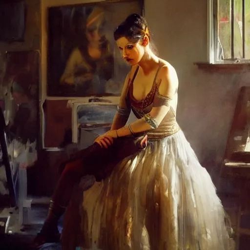 Prompt: extraordinary portrait : mata hari in checked shirt, modern hairstyle, blonde, in her art studio. precise detail. art by anders zorn, wonderful masterpiece by greg rutkowski, beautiful cinematic light, american romanticism by greg manchess, jessica rossier