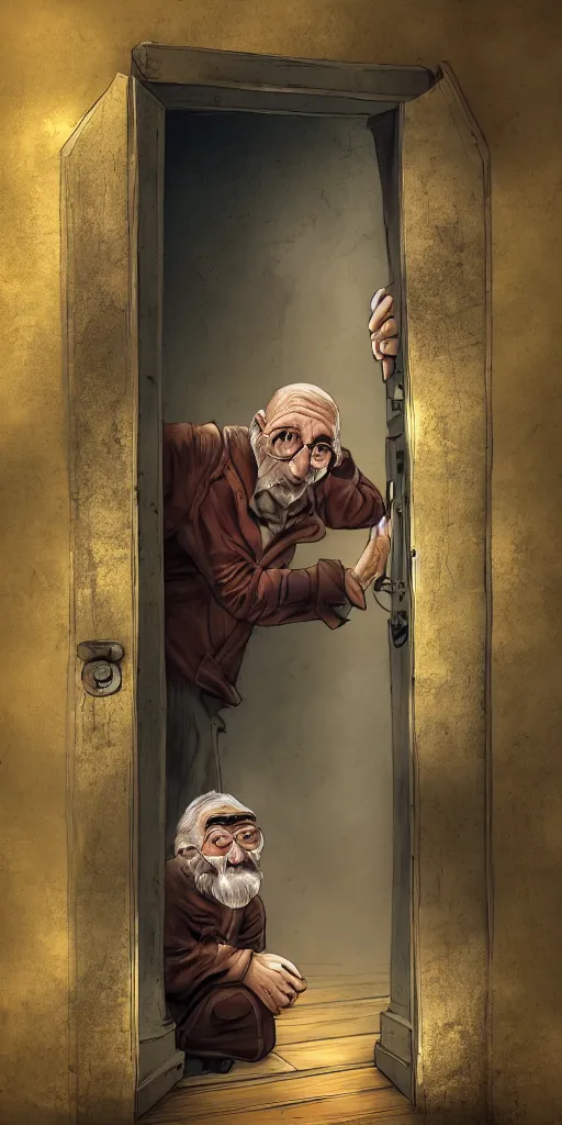 Image similar to old man going through a door to another dimension, fantasy, 4 k, digital art,