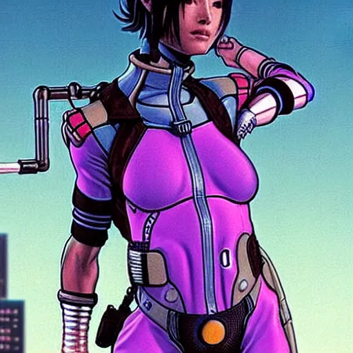 Image similar to Apex legends cyberpunk fitness babe. Concept art by James Gurney and Mœbius.