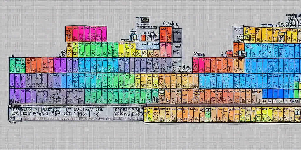 Image similar to periodic table of pixels, ink and watercolor, pixelated, no text