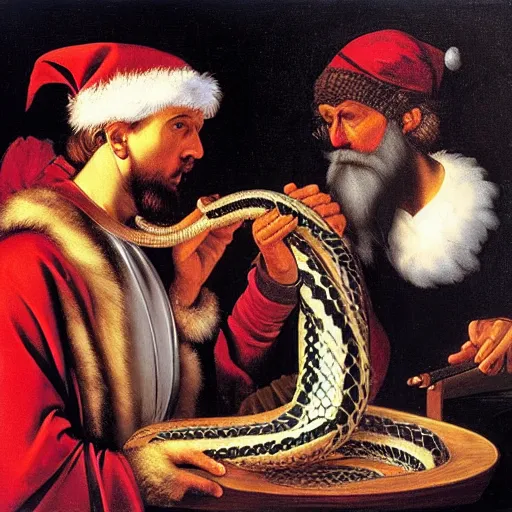 Prompt: Father Christmas snake charmer Painted by Caravaggio