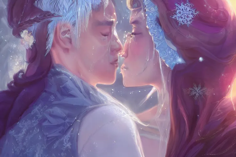 Image similar to a cinematic portrait of wedding photograph jpeg close up moment of a divine a japan sun god and moon goddess lovers magician at a wedding banquet. portraiture. digital painting. artstation. concept art. wedding photo. illustration. frozen ii art masterpiece by art by krenz cushart