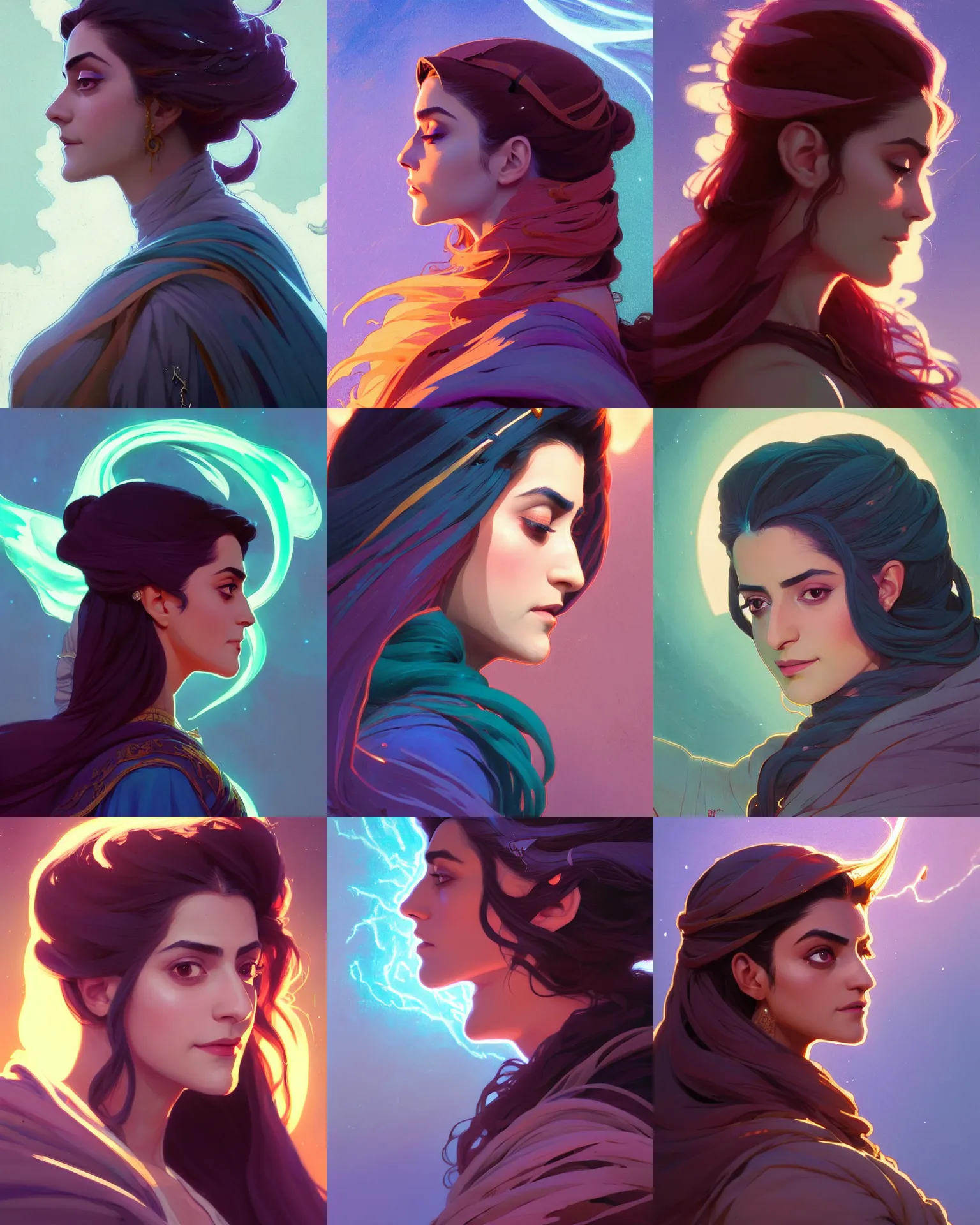 Prompt: side profile centered painted portrait, Maya Ali as a storm sorcerer, D&D, matte painting concept art, beautifully backlit, official fanart, 4k, HDR, Trending on artstation, Behance, by Mucha and Jesper Ejsing and RHADS and Makoto Shinkai and Lois van baarle and ilya kuvshinov and rossdraws and Cushart Krentz and Gilleard James