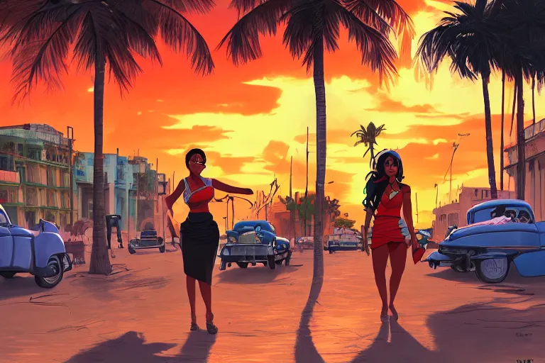 Image similar to concept art, cuban women in havana, digital anime art, good lighting, sunset