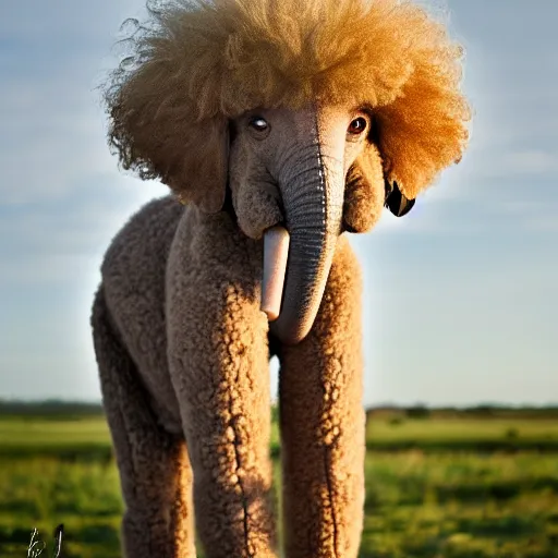 Prompt: cross between a poodle and an african elephant, standing on the affrican savanah, fluffy white curly fur, award winning photography