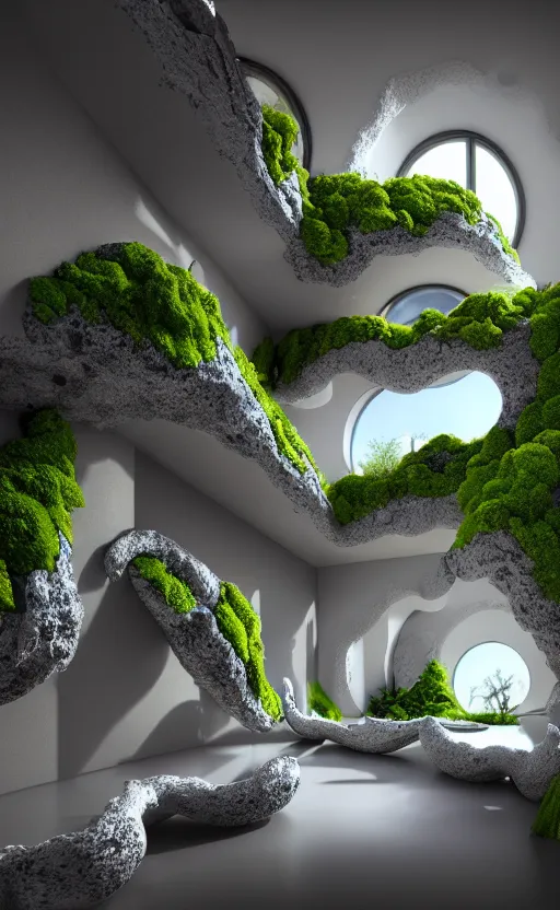 Image similar to highly detailed ultra sharp 3 d render villa interior cinematic composition of a smooth ceramic porcelain biomorphic magnolia stone nebula fluid fractal sci - fi surreal architecture landscape, granite, metallic, magnesium, marble, moss and lichen, vincent callebaut composition, mamou - mani, archviz, beautiful lighting, 8 k, unreal engine, hdr,