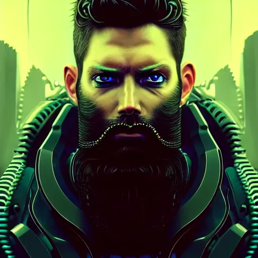Prompt: bearded man with extremely large and intricate eye cyberpunk bionics with angry blue eyes and slim features looking askance, eye cyberpunk bionics, retro futurist style, intricate, elegant gleaming intricate baroque jewelry, angelic halo, highly detailed, digital painting, artstation, concept art, smooth, sharp focus, illustration, art by wlop, mars ravelo and greg rutkowski,