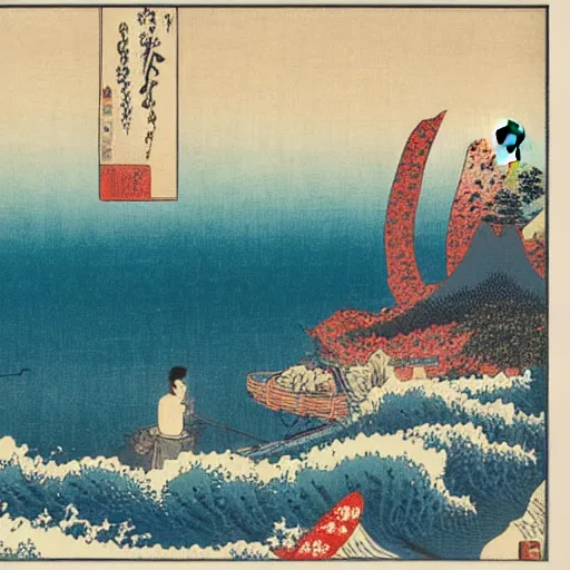 Image similar to ocean waves and fishing village, Ukiyo-e style by Katsushika Hokusai