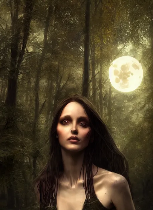 Image similar to leaves, cinematic lighting, realistic matte painting, close - up face portrait of a beautiful skinny woman as witch in front of the full big moon in a fantasy forest, by james gurney, greg rutkowski, highly detailed digital art, artstation