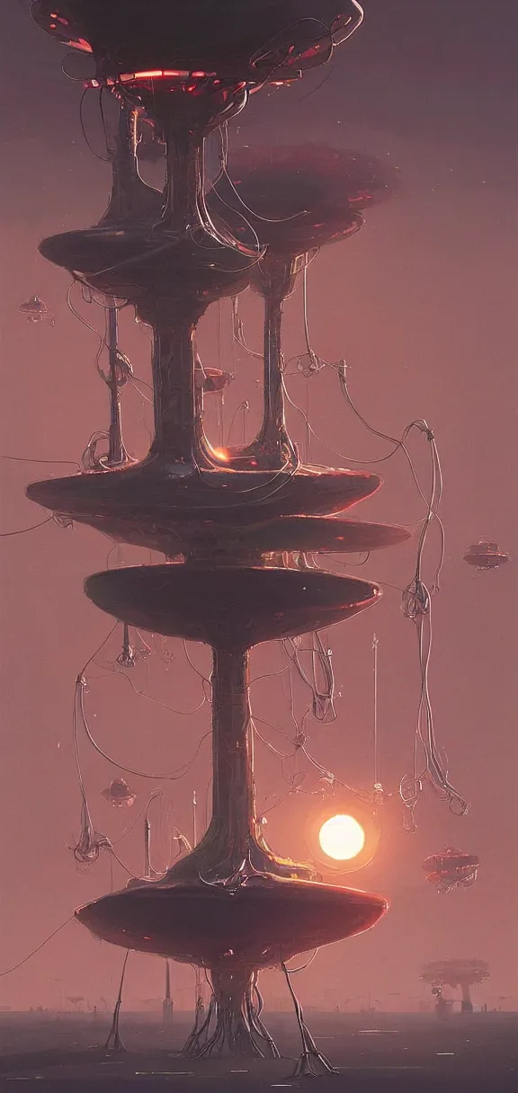 Image similar to mechanical mushroom starship with long tendrils, lots of hanging cables and wires, messy cords, sci - fi concept art, by john harris, by simon stalenhag, stunning, award winning