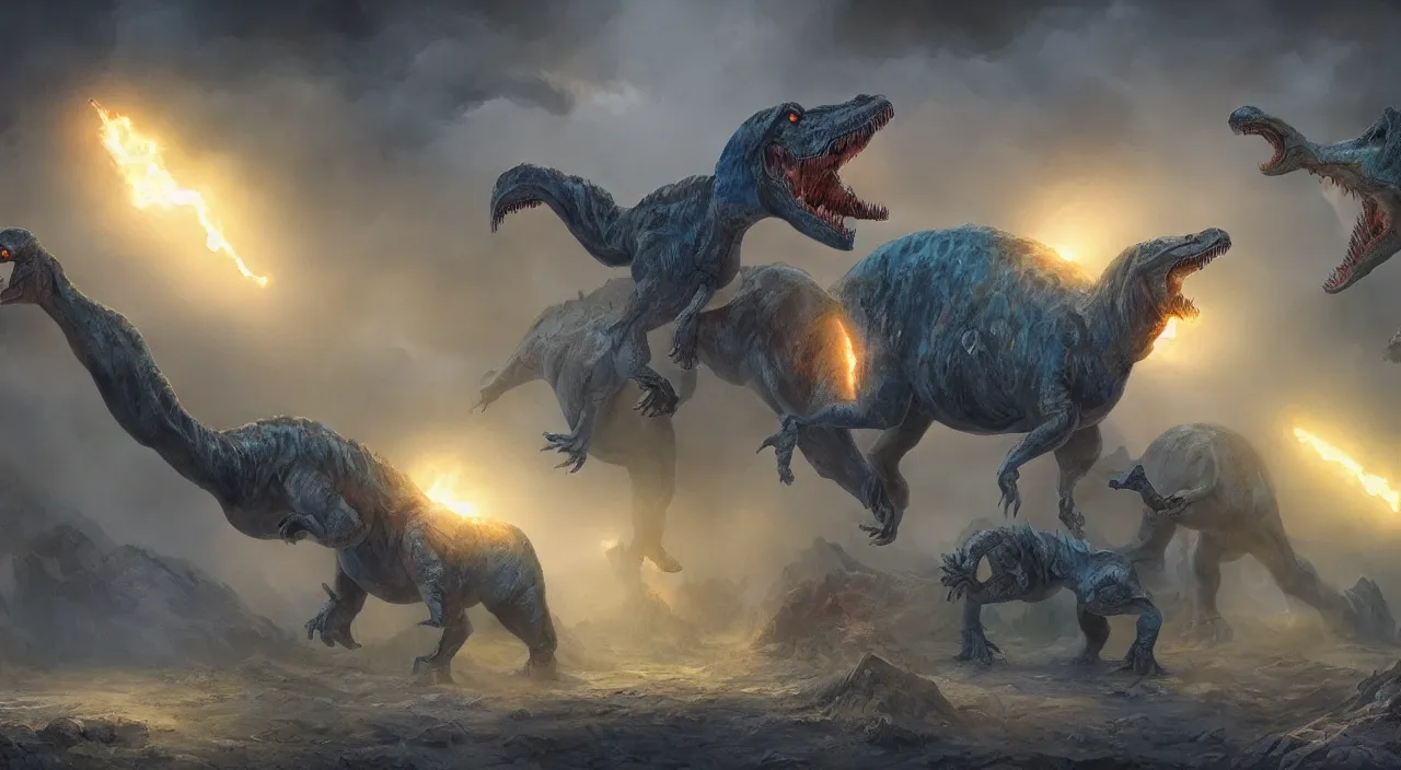 Image similar to colorful ghost dinosaurs, glowing with magic, trapped in slate grey walls, matte painting, fantasy art, concept art, 4 k