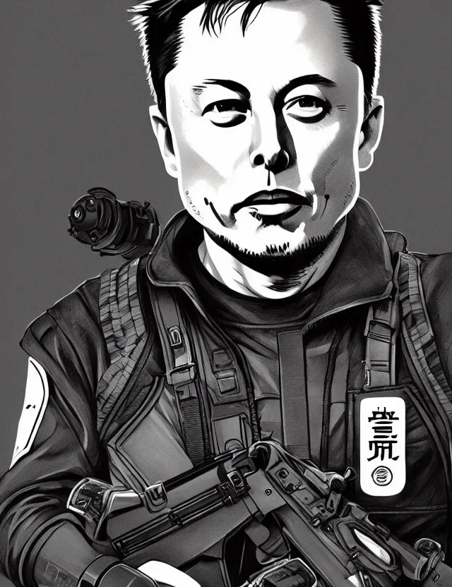 Image similar to a detailed manga illustration of elon musk in tactical gear, trending on artstation, digital art, 4 k resolution, detailed, high quality, sharp focus, hq artwork, coherent, insane detail, character portrait