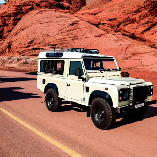 Prompt: a vintage land rover defender drives along a 2 lane road in the valley of fire, drone photo