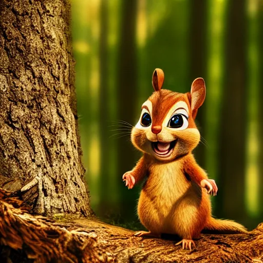 Image similar to very very very very cute Alvin the Chipmunk, portrait, pixar style, forest background, cinematic lighting, award winning creature portrait photography