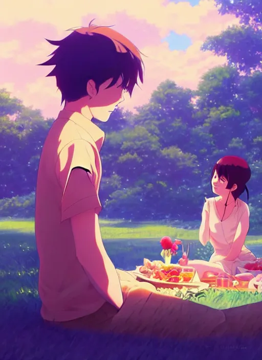 Prompt: beautiful anime painting of a emma stone having a picnic with tom holland, by makoto shinkai, kimi no na wa, artstation, atmospheric, high detail