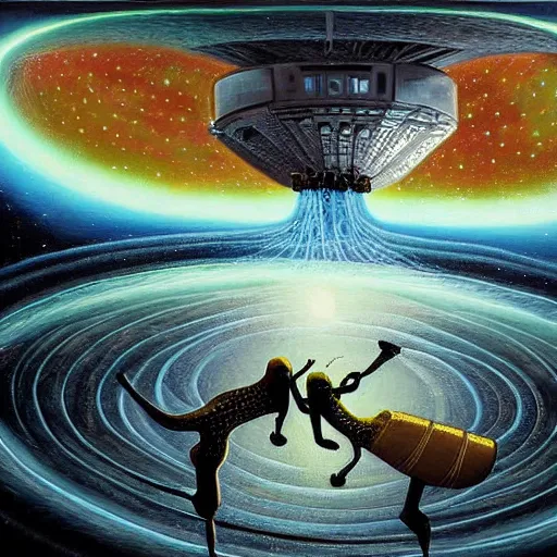 Image similar to artistic depiction of the first contact between humans and intelligent aliens, very detailed and mesmerizing painting