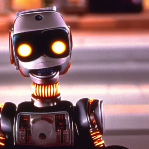 Image similar to robot Johnny 5 in Short Circuit 1986, cinematic still by Nick McLean