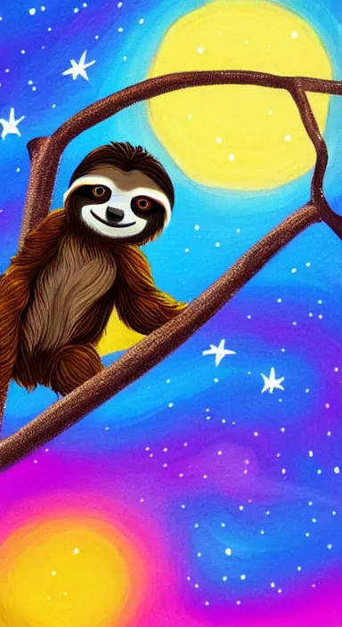 Image similar to a cute sloth hanging on a tree on a starry night, made of bright colored thick flowing dramatic brush strokes, matte colors, trending on artstation