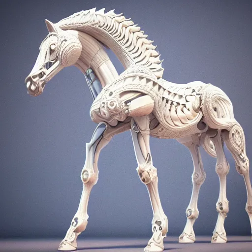 Image similar to biomechanical horse made of marble, fractal 3 d structure, intricate details, octane render