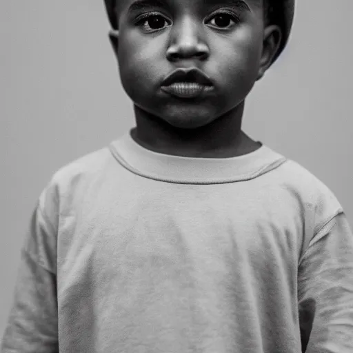 Image similar to the face of young kanye west wearing yeezy clothing at 3. 5 years old, black and white portrait by julia cameron, chiaroscuro lighting, shallow depth of field, 8 0 mm, f 1. 8