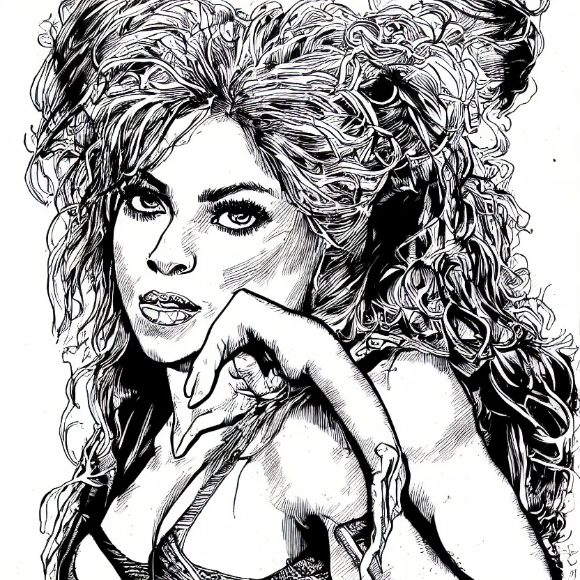 Image similar to portrait of shakira in the style of marc silvestri pen and ink drawing, high detail