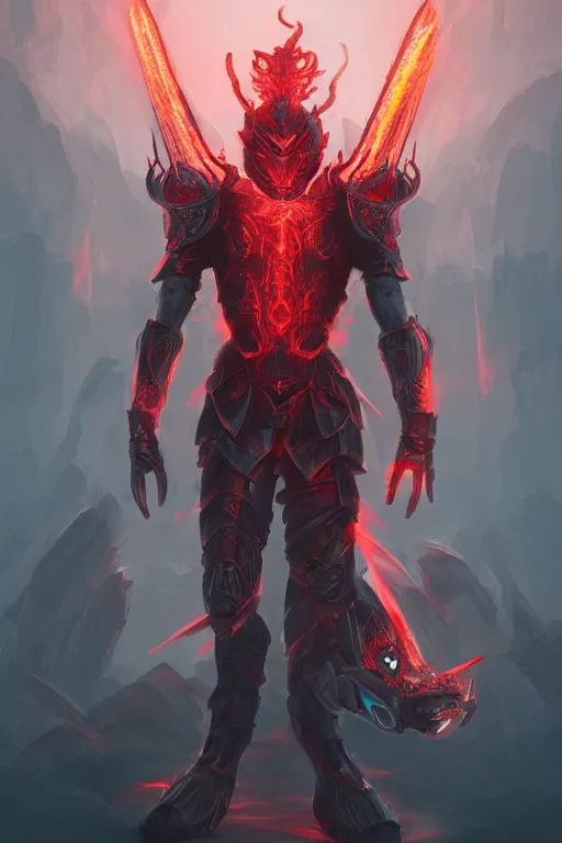 Image similar to futuristic fire knight with glowing red eyes and spines of fire poking out of his back, digital art, fantasy, trending on artstation, professional illustration, cgsociety, ultra detailed