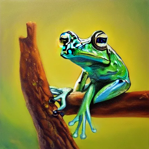 Image similar to beautiful oil painting of frog on a tree, sunlight, award - winning, matte,