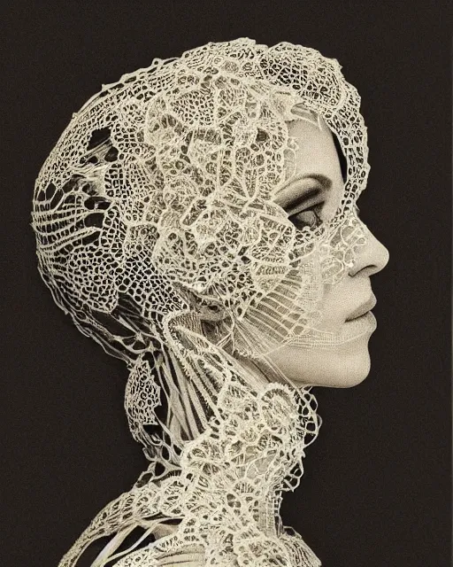 Image similar to a woman's face in profile, made of intricate decorative lace skeleton, in the style of the dutch masters and gregory crewdson, dark and moody