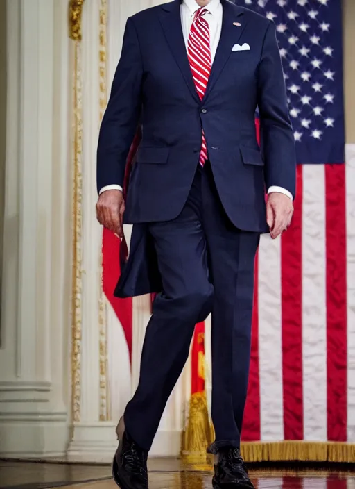Image similar to biden as thrump, full body shot, set pieces, intricate set, vogue magazine, canon, highly realistic. high resolution. highly detailed. dramatic. 8 k. 4 k.