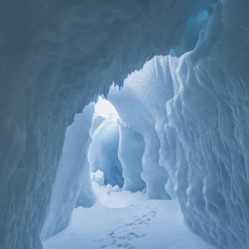 Image similar to narrow ice cave with low ceiling and narrow rough river running through it, surreal,