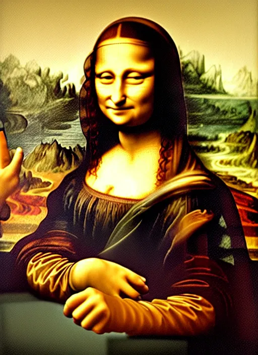 Image similar to oil painting of Mona Lisa by Leonardo Da Vinci but Mona Lisa is using an iPhone to take a selfie, selfie pose