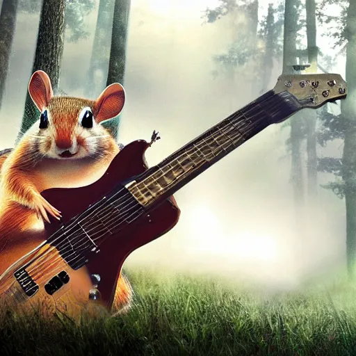 Image similar to a high quality photo of a chipmunk hulk playing electric guitar, foggy forrest backdrop, render, ultra realistic, epic lighting, cgsociety