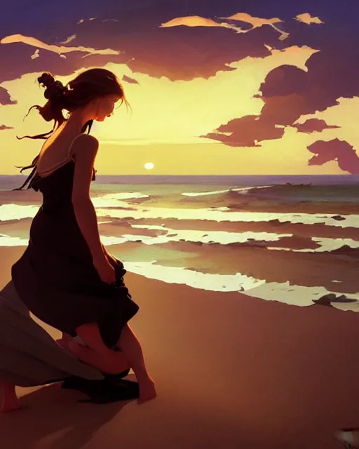 Image similar to lonely young woman wandering a beach at sunset painting by sargent and leyendecker, studio ghibli, fantasy, medium shot, asymmetrical, intricate, elegant, matte painting, illustration, hearthstone, by rhads by greg rutkowski, by greg tocchini, by james gilleard, by joe fenton