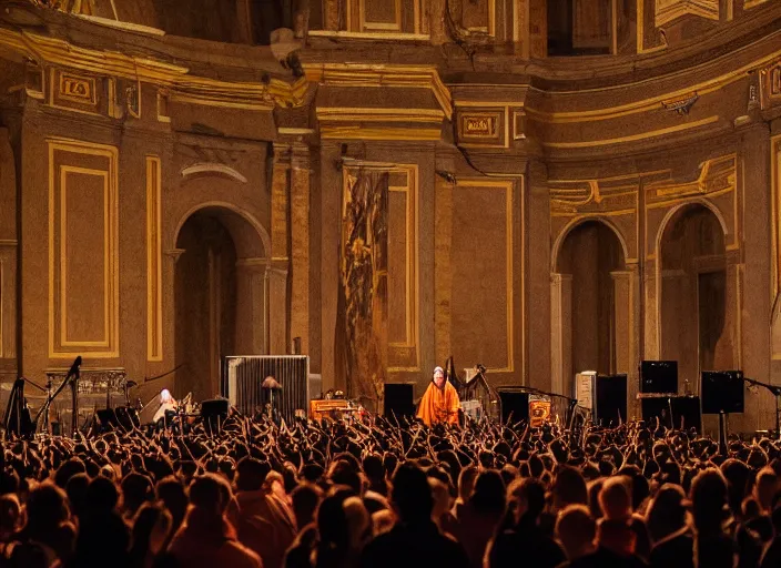 Image similar to a high resolution photograph of sunn o ) ) ) playing live at the vatican with monk robes, smoke machines, huge walls of amplifiers, many amplifiers stacked high, ornate