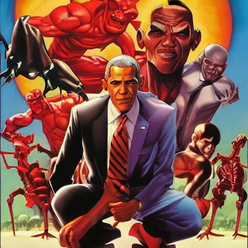 Prompt: comic book cover of'obama vs the giant ants ', art by alex ross