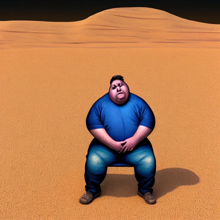 Image similar to hyperrealistic mixed media portrait of a moridly obese man using an ATM machine in the middle of a barren desert wasteland, despair, depressing and hopeless vibe, stunning 3d render inspired art by P. Craig Russell and Barry Windsor-Smith + perfect facial symmetry + dim volumetric lighting, 8k octane beautifully detailed render, post-processing, extremely hyperdetailed, epic composition, grim yet sparkling atmosphere, cinematic lighting + masterpiece, trending on artstation