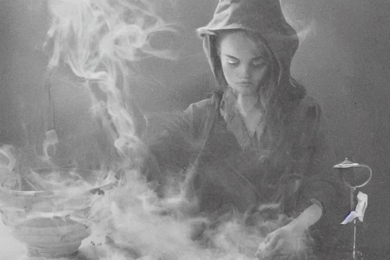 Image similar to polaroid 1 9 8 0's photo, close up portrait, dramatic lighting, concentration, calm confident teen witch and her cat mixing a spell in a cauldron, a little smoke fills the air, a witch hat and cape, a little green smoke is coming out of the cauldron, ingredients on the table, apothecary shelves in the background, still from harry potter