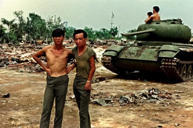 Image similar to a photo of a two mans posing in front of tank in destroyed vietnamese city, us journalism ministry photo, 1 9 6 9, color photo, perfect faces, fine details, fim still