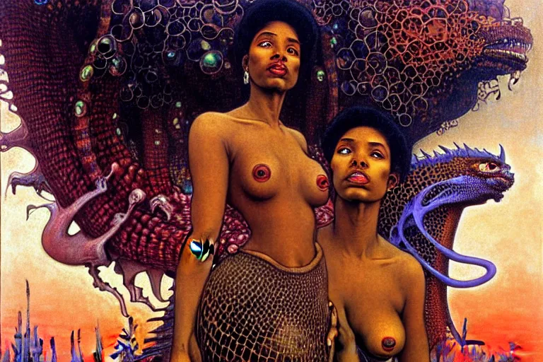 Image similar to realistic extremely detailed closeup portrait painting of a beautiful black woman with a mutant dragon, dystopian city on background by Jean Delville, Amano, Yves Tanguy, Ilya Repin, Alphonse Mucha, Ernst Haeckel, Edward Robert Hughes, Roger Dean, heavy metal 1981, rich moody colours