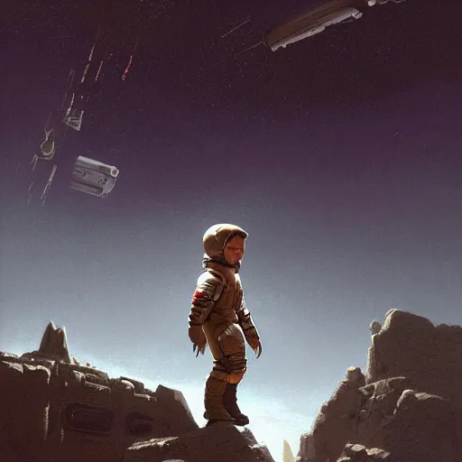 Image similar to A little boy with brown hair wearing a space suit getting q Upgrade on his blaster, Graceful body structure,cute,Symmetrical face,highly detailed,elegant,Marc Simonetti and Caspar David Friedrich, Trending on artstation,depicted as a scifi scene