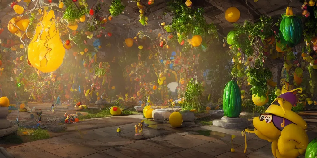 Image similar to a portal to a world of lemons by Dr Seuss, trending on artstation, 8k, octane rendered, highly detailed