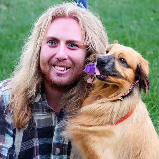 Prompt: photo of hillbilly with long blonde hair and an australian shepherd dog around a bonfire, symmetric face