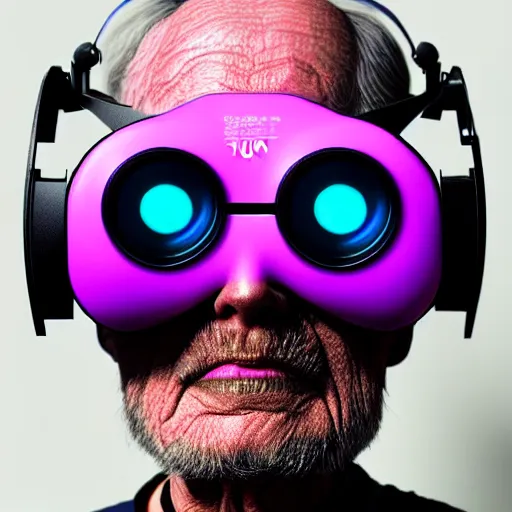 Prompt: Colour Photography of 1000 years old man with highly detailed 1000 years old face wearing higly detailed cyberpunk VR Headset designed by Josan Gonzalez . in style of Josan Gonzalez