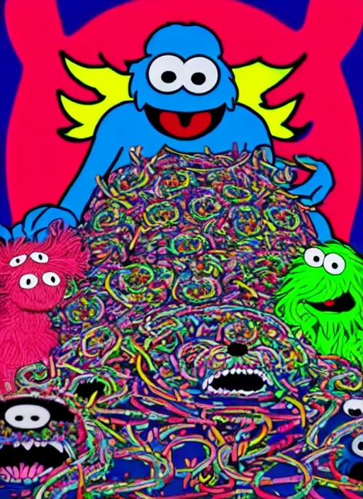 Prompt: 8k hyper realistic detailed image swirl of unholy Cookie Monster rites in a coven of Muppets, Black Frank the goat and neon pentagram in the center, rich deep colors, neon colors, cinematic shot by Alfonso Cuaron, part by Gaspar Noe. Art by Takashi Murakami, part by Jeff Koons. wide angle. masterpiece, ultra detailed