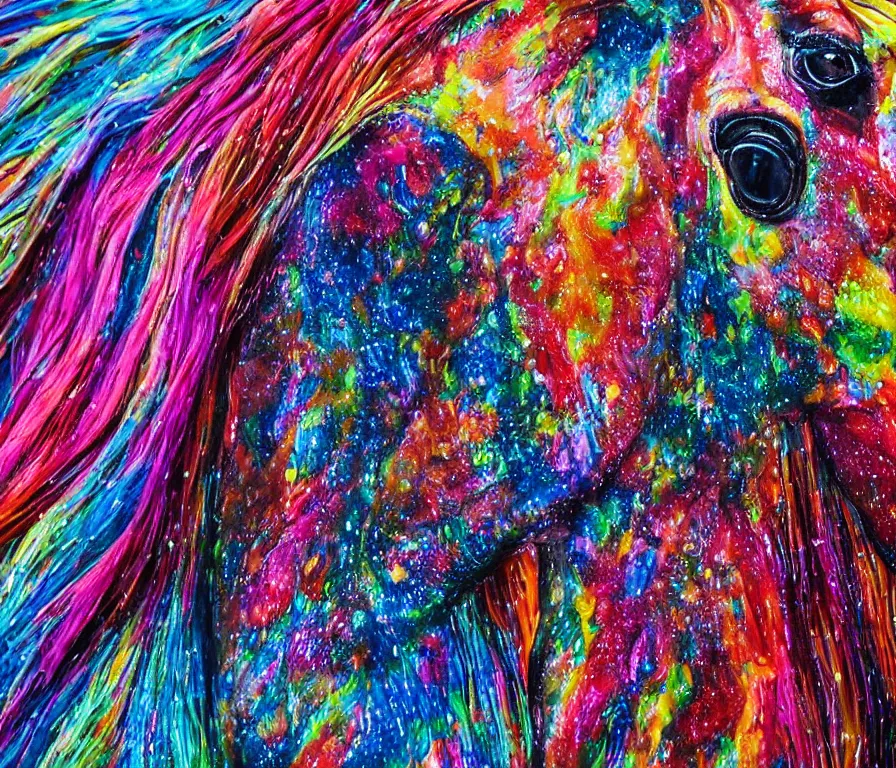 Image similar to still shot close up footage of the portrait of a horse head made of acrylic pour and coloured powder explosion and splashing paint and dripping paint and flying paint chunks, motion blur, hyperrealistic, medical, intricate art photography, anatomically correct, realistic crisp textures, 1 6 k