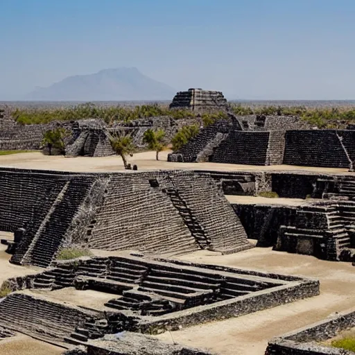 Prompt: ruins of a mesoamerican aztec city in a desert, diamond structures and floating ruins