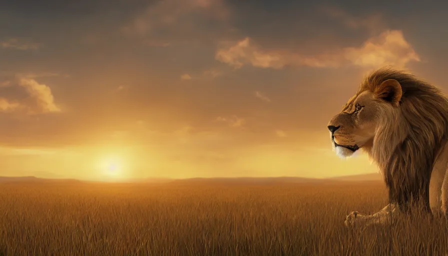 Prompt: Lion in a middle of a large field with a sunset in the background, hyperdetailed, artstation, cgsociety, 8k