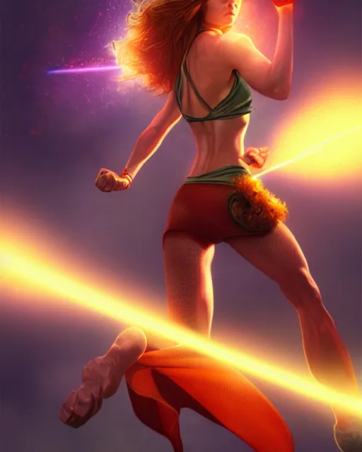 Prompt: female superhero firing laser eyes, perfect face, halter top, ginger hair, abs, cinematic, freckles, stunning, cape, athletic, strong, agile, highly detailed, psychedelic, digital painting, artstation, smooth, hard focus, illustration, art by jessica rossier and and brian froud