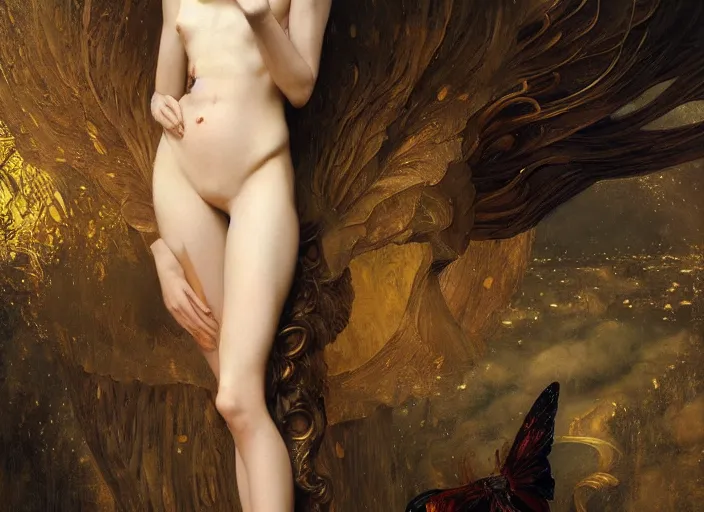 Image similar to beautiful maiden, full body, persona, fantastical, intricate, elegant, highly detailed, digital painting, art station, concept art, smooth, sharp focus, oil painting, art by caravaggio and greg rutkowski and klimt