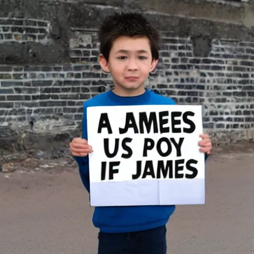 Image similar to A boy holding a sign saying, james